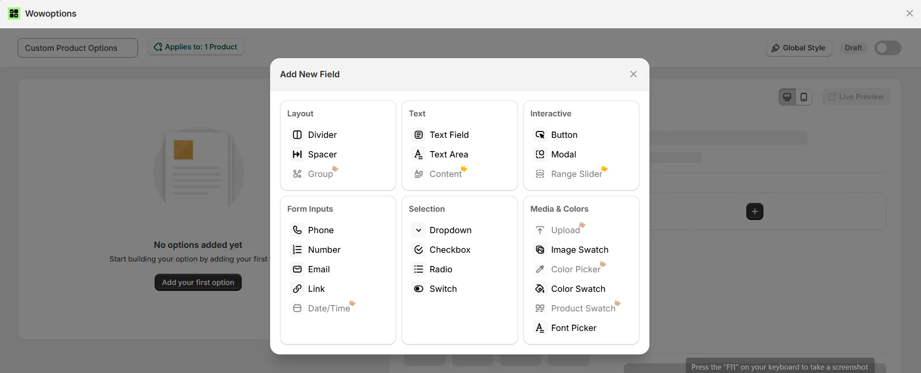List of product options by WowOptions