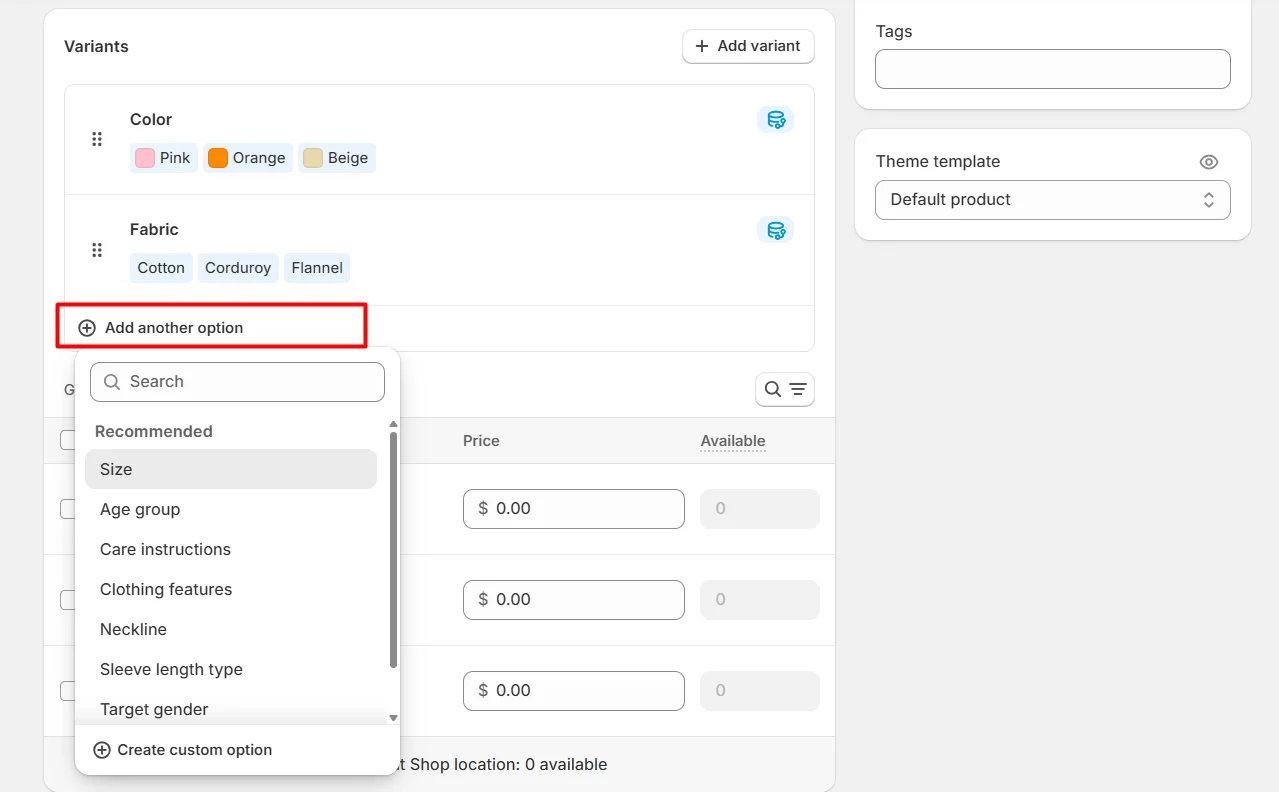 Shopify's product variants option