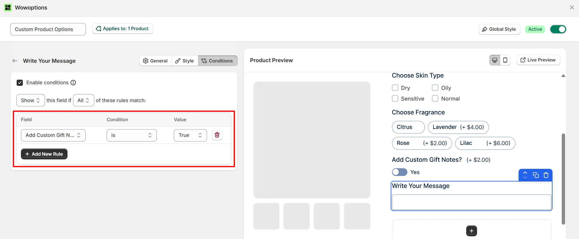 Using conditions for custom gift message
