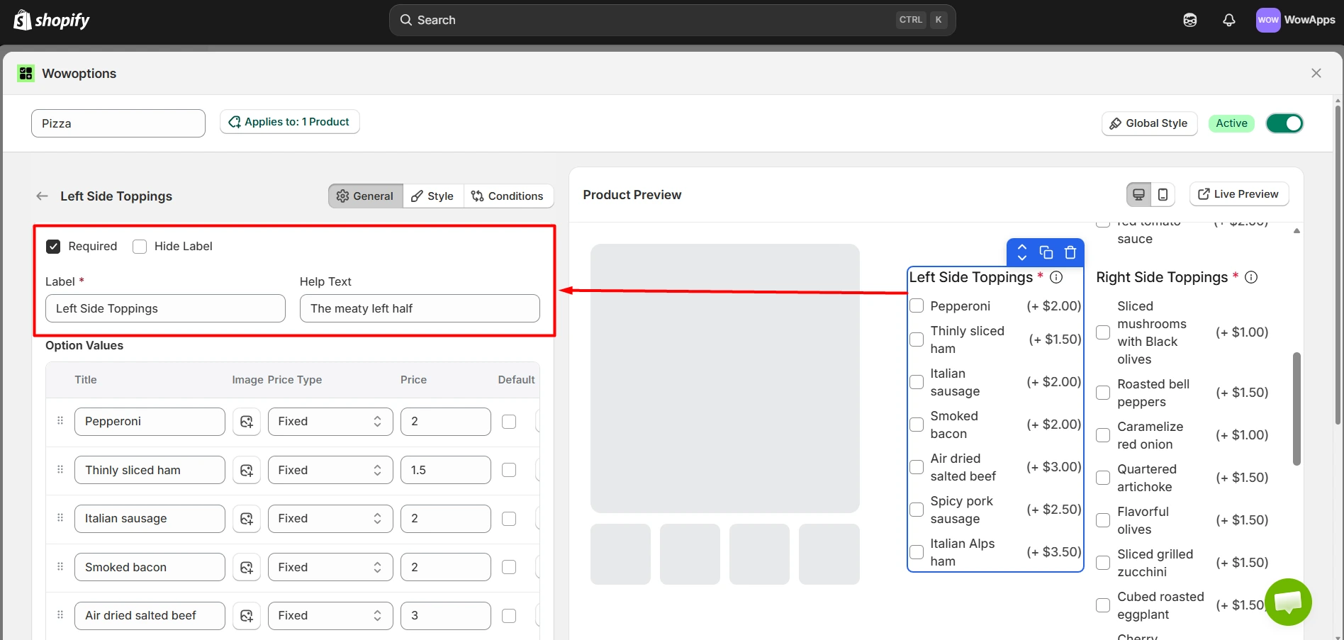 Settings for the "Left Side Toppings" field in Wowoptions, showing labels, help text, and a table to manage option titles and prices alongside a product preview.