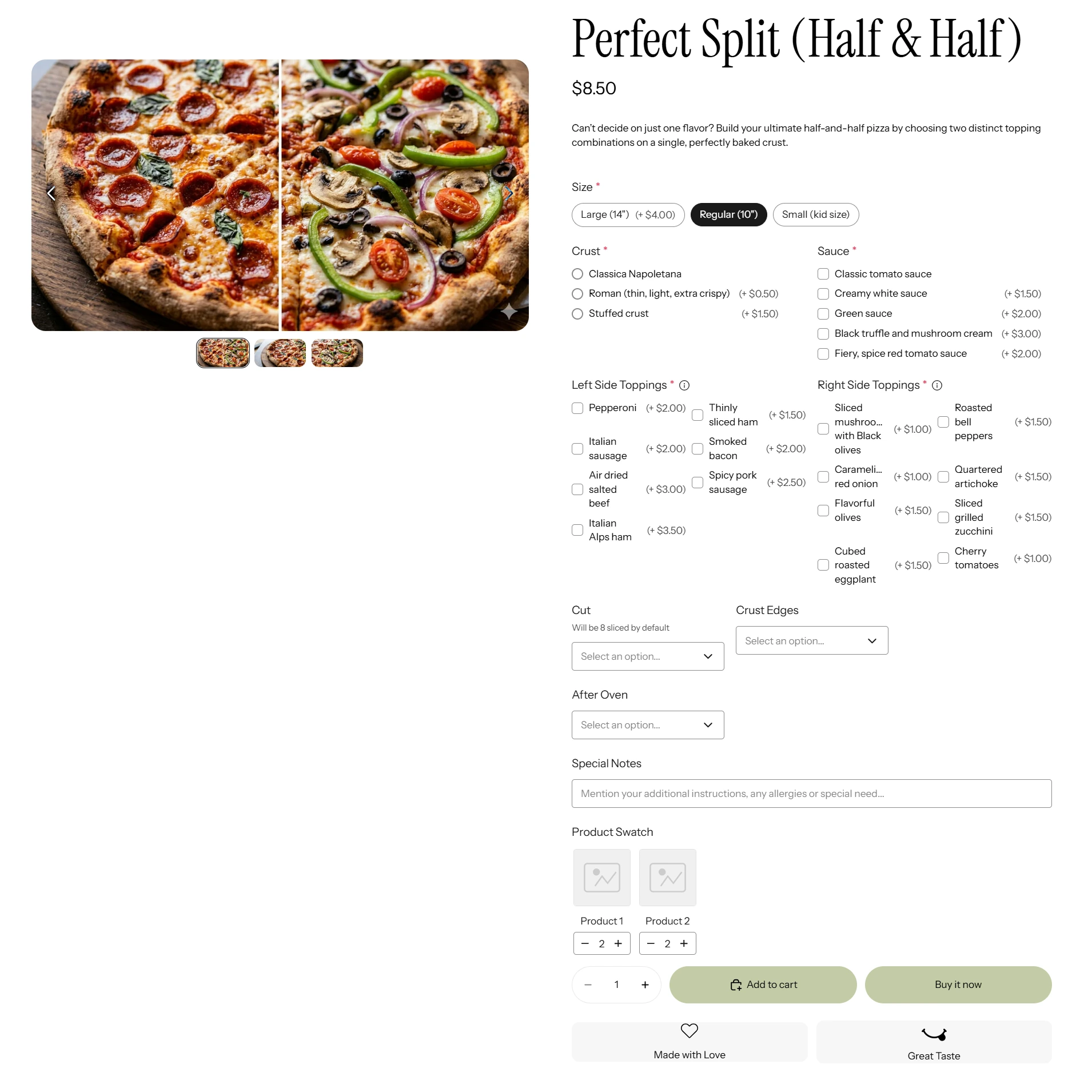 Product page for a "pizza" showing extensive customization options for crust, sauces, and toppings alongside a product preview.