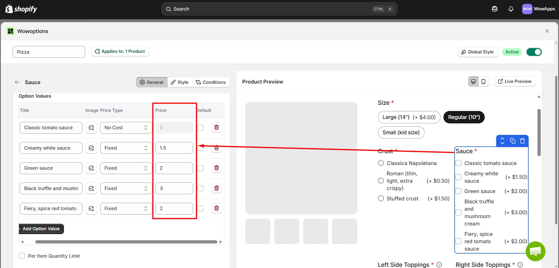 Interface for the "Sauce" option settings in Wowoptions, showing a table to manage specific price for different option alongside a product preview.