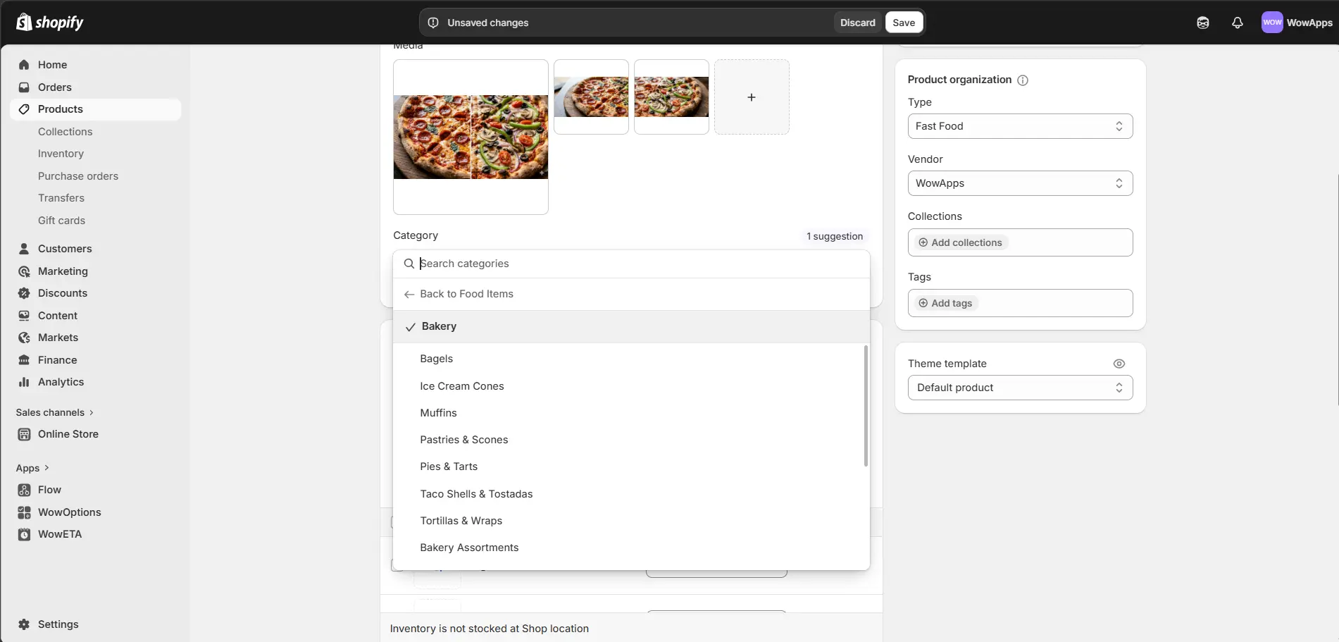 Shopify product editing page showing the category dropdown menu open to bakery subcategories.