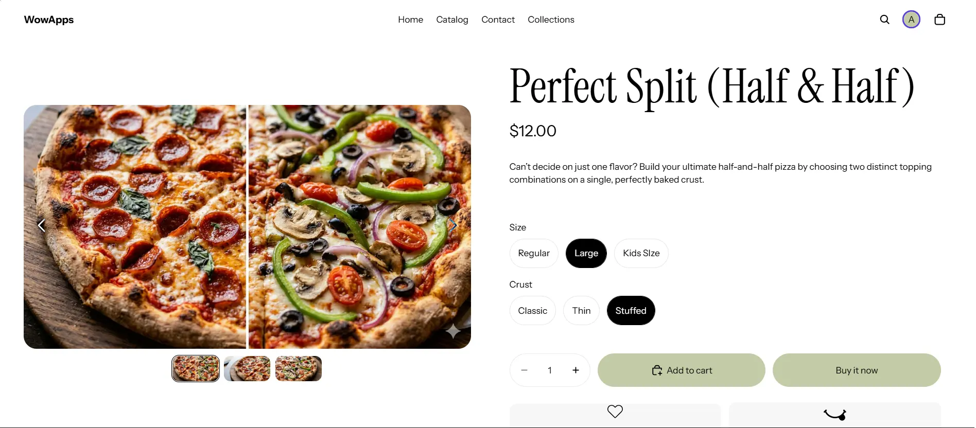 Product page for a "Perfect Split (Half & Half)" pizza featuring image previews and customization options for size and crust type.