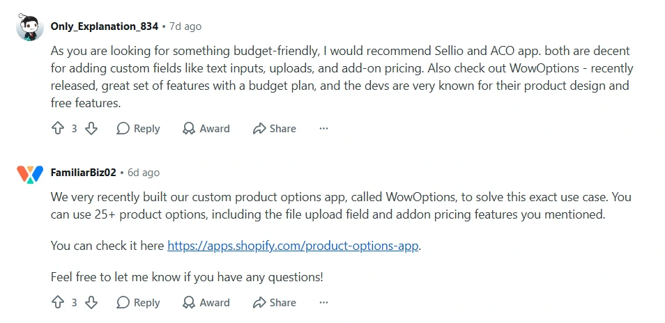 Reddit comments recommending the WowOptions Shopify app for its budget-friendly custom product options, file uploads, and add-on pricing features.
