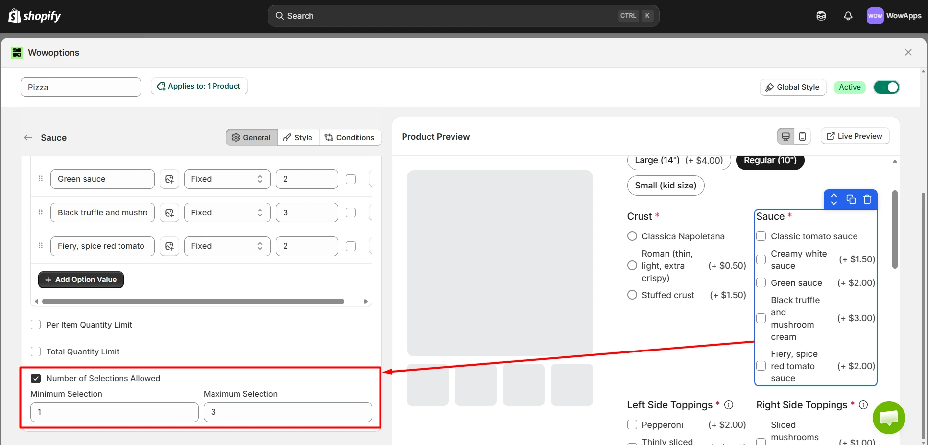 Validation settings for a "Sauce" field in Wowoptions, showing the configuration for minimum and maximum number of selections allowed alongside a product preview.