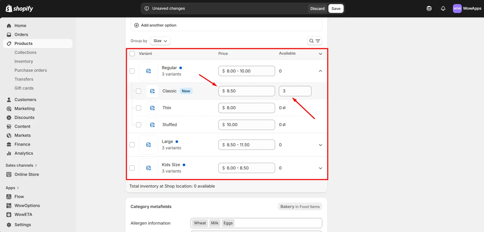 Shopify product page showing the product variants table with options to manage price and inventory levels for different sizes and styles.