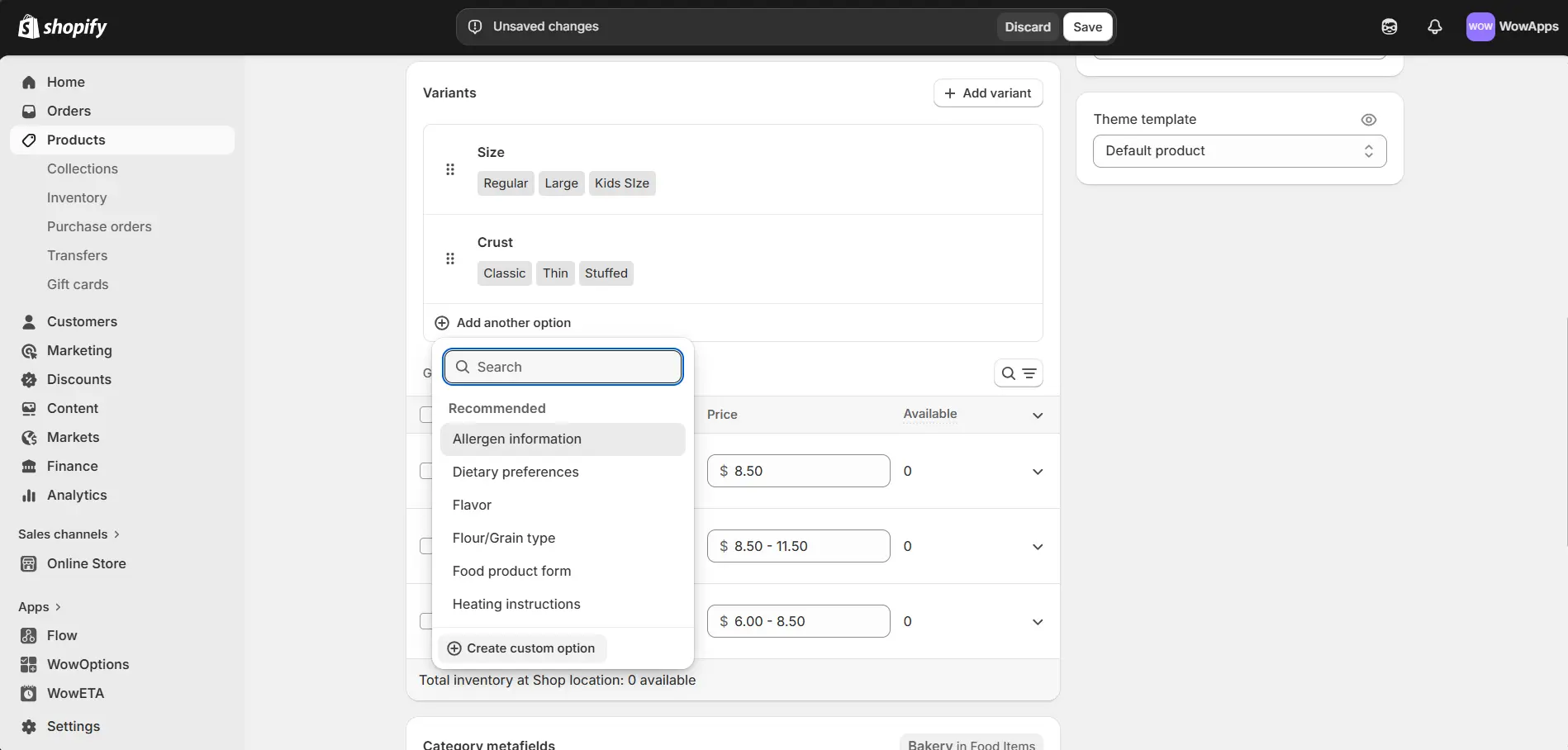 Shopify product editing page displaying the Variants section with the "Add another option" dropdown menu open.