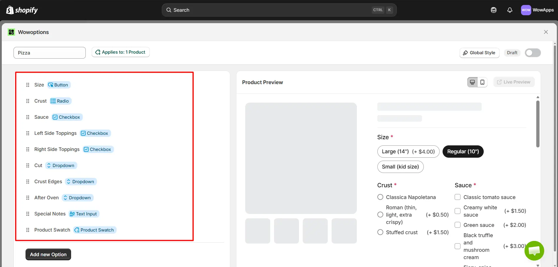 Interface for the "Wowoptions" option builder showing a list of pizza customization fields—such as size, crust, and toppings—alongside a real-time product preview.