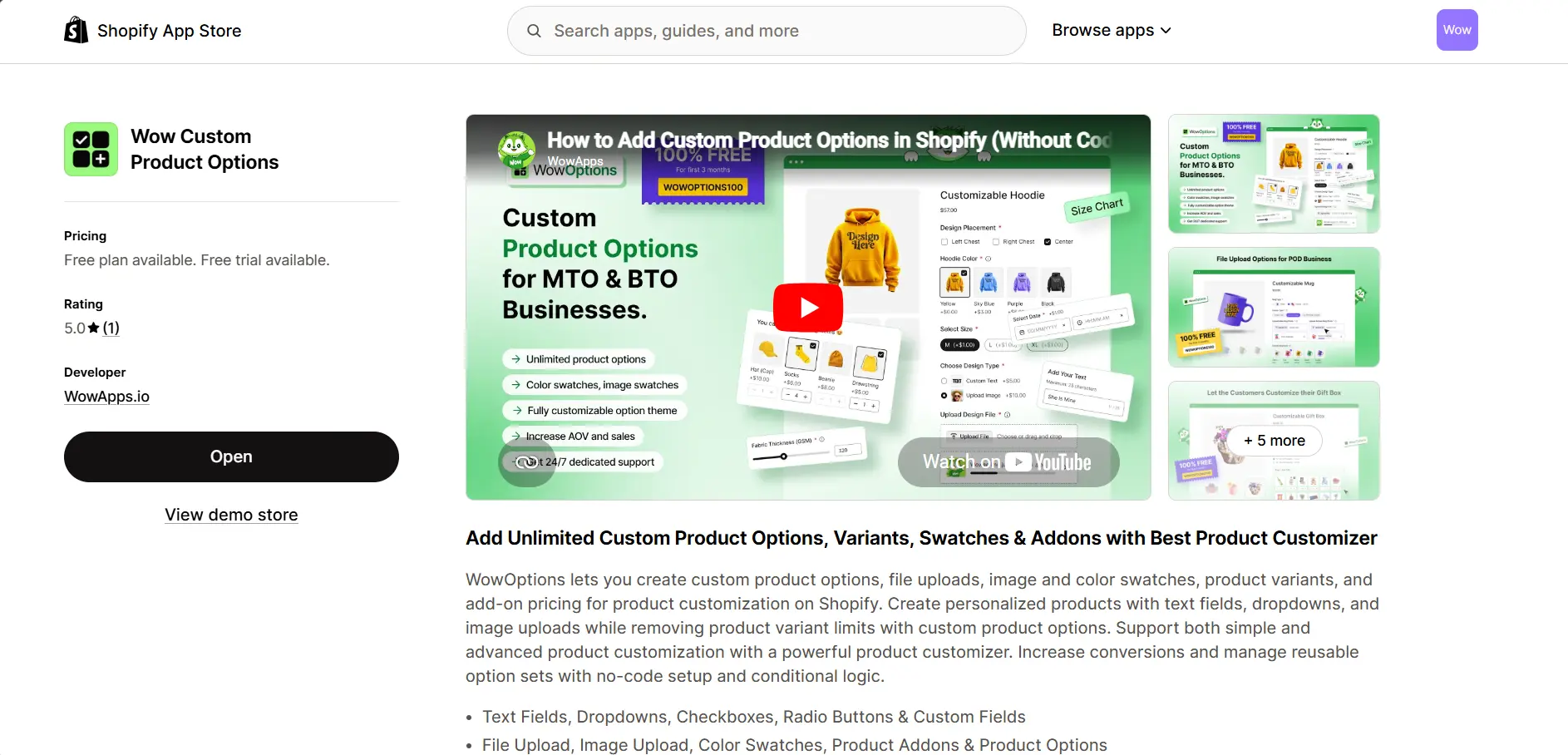 Shopify App Store listing for "Wow Custom Product Options" featuring a promotional video and description of features like custom swatches, file uploads, and conditional logic.