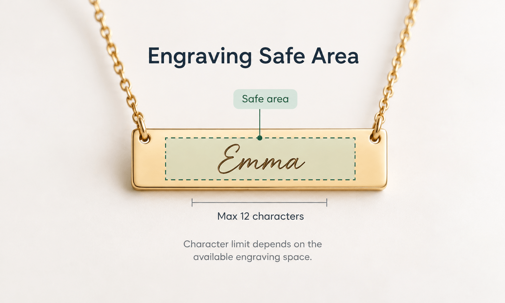 Engraving area and character limit for a personalized Shopify product.