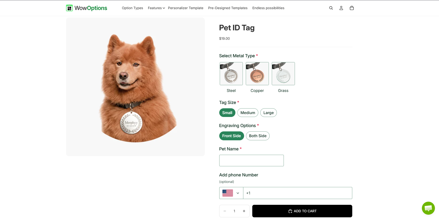 Shopify engraving options with custom text, font selection, and live pendant preview in WowOptions.