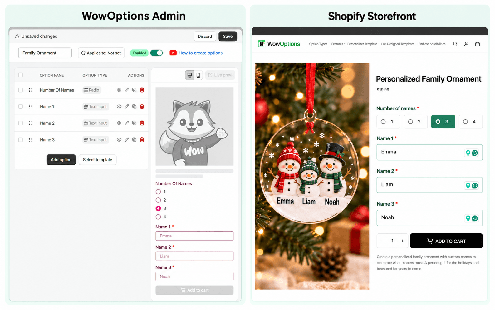 Conditional name fields and live preview for a personalized family ornament
