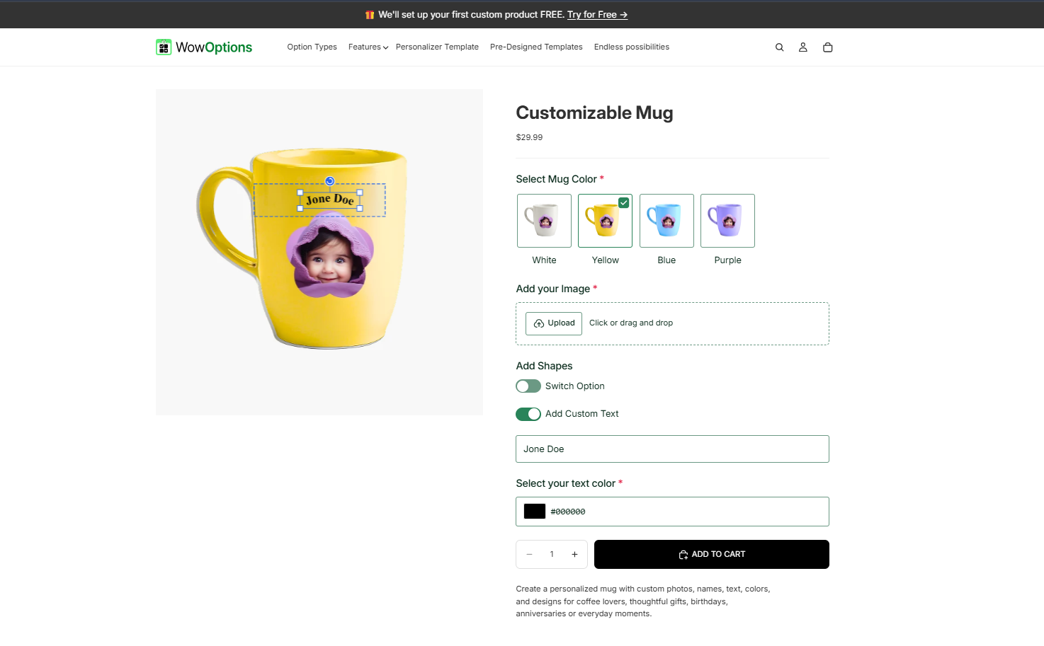 Personalized tumbler on Shopify with name, font, color, and photo options.