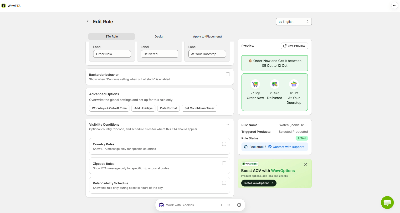 WowETA settings for Shopify BFCM delivery estimates