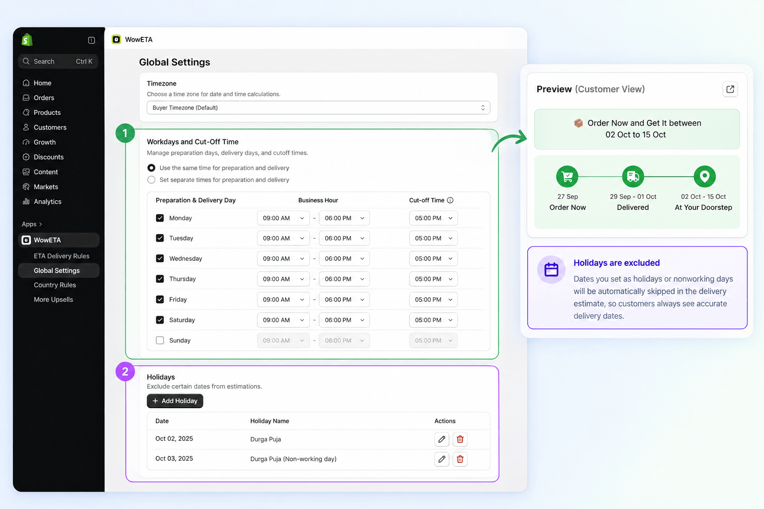 WowETA holidays and nonworking days settings for Shopify