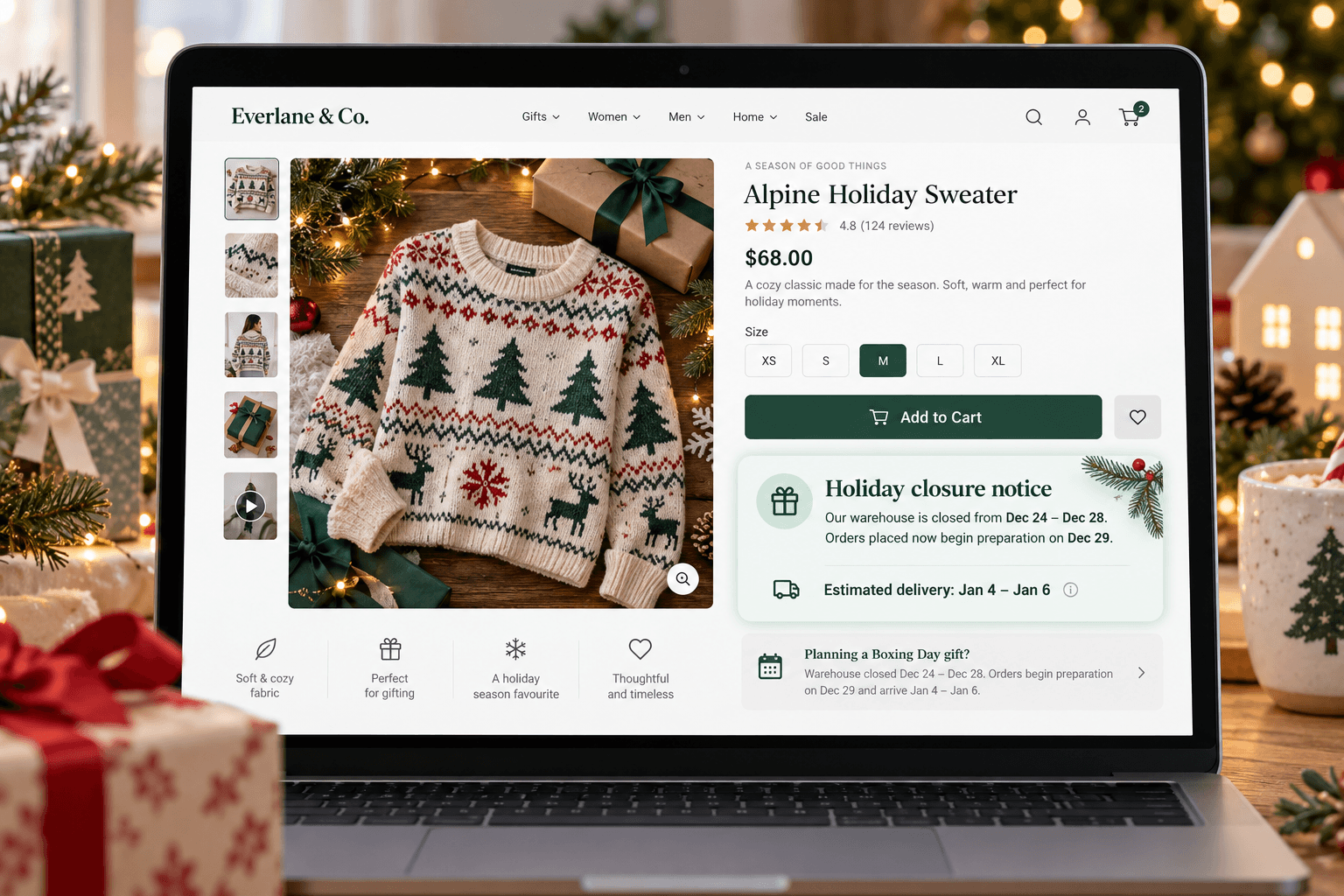 Holiday closure delivery message on a Shopify product page
