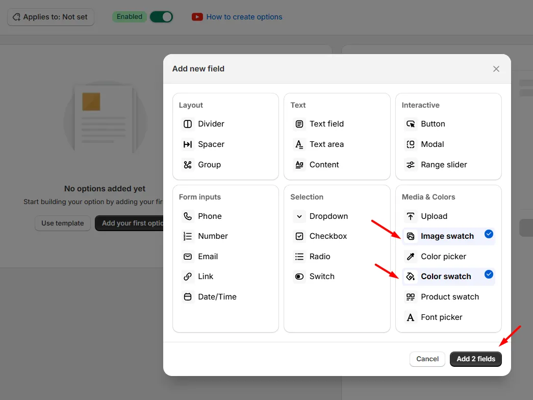 Adding Color Swatch And Image Swatch Option Fields Using Wowoptions Shopify Apps