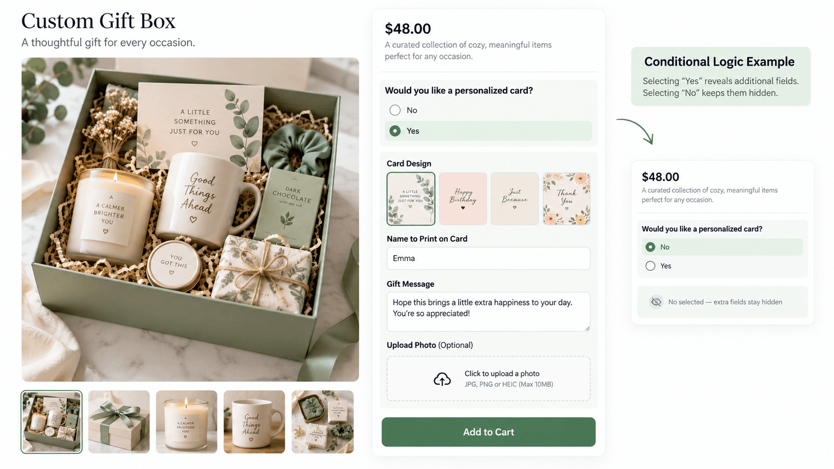 Shopify gift box conditional logic for personalized card and gift message options