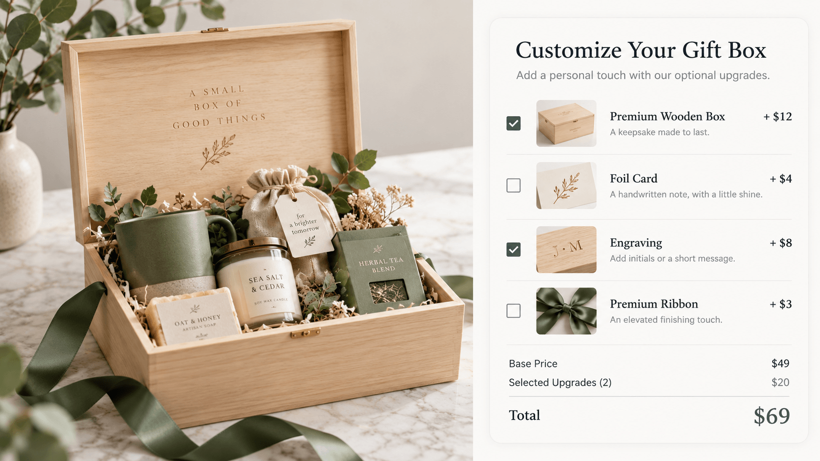 Custom gift box paid upgrades with premium packaging and engraving options