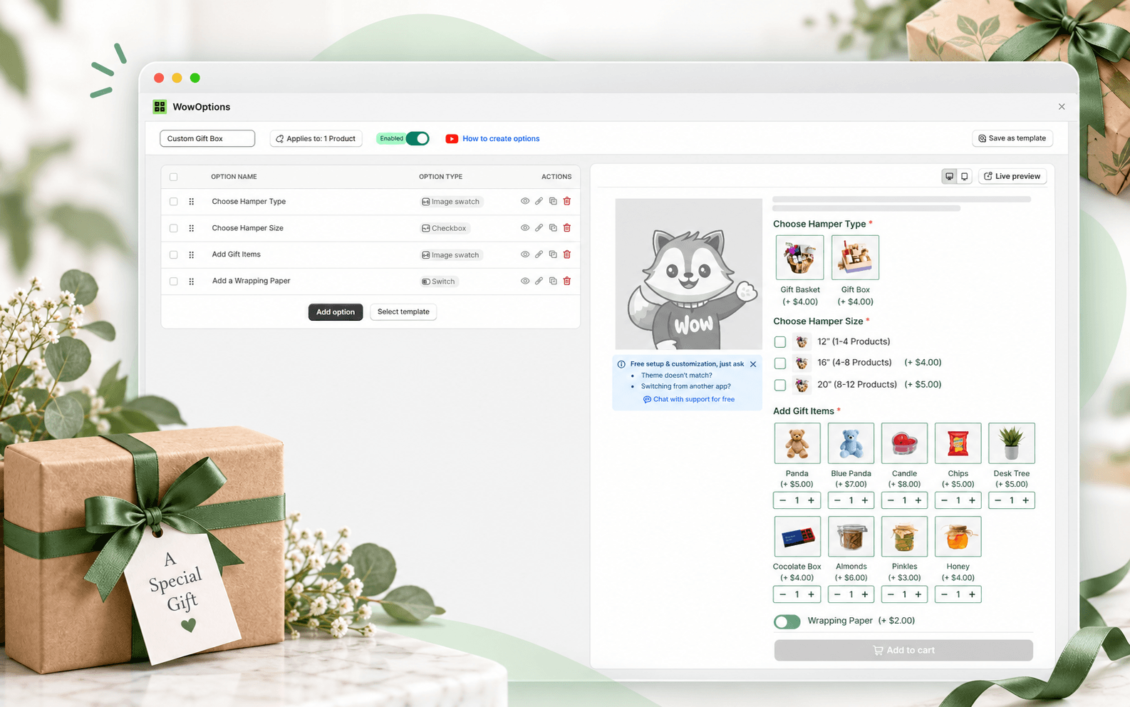 WowOptions gift box product option setup with conditional gift message fields