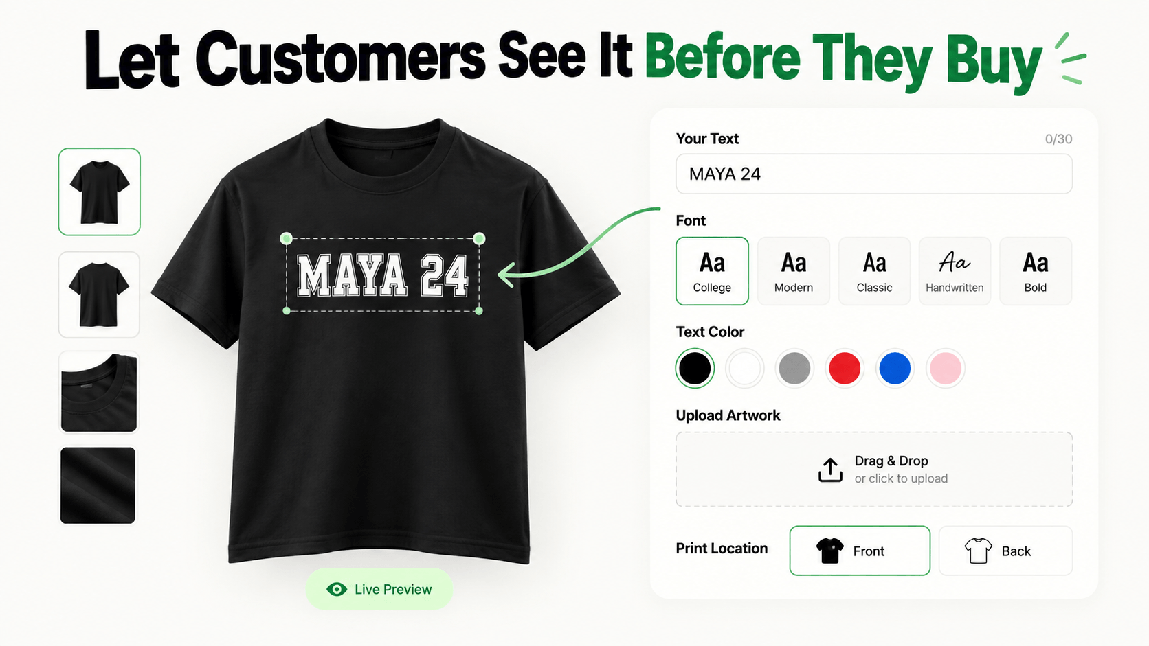 Shopify personalized T-shirt with live custom text preview