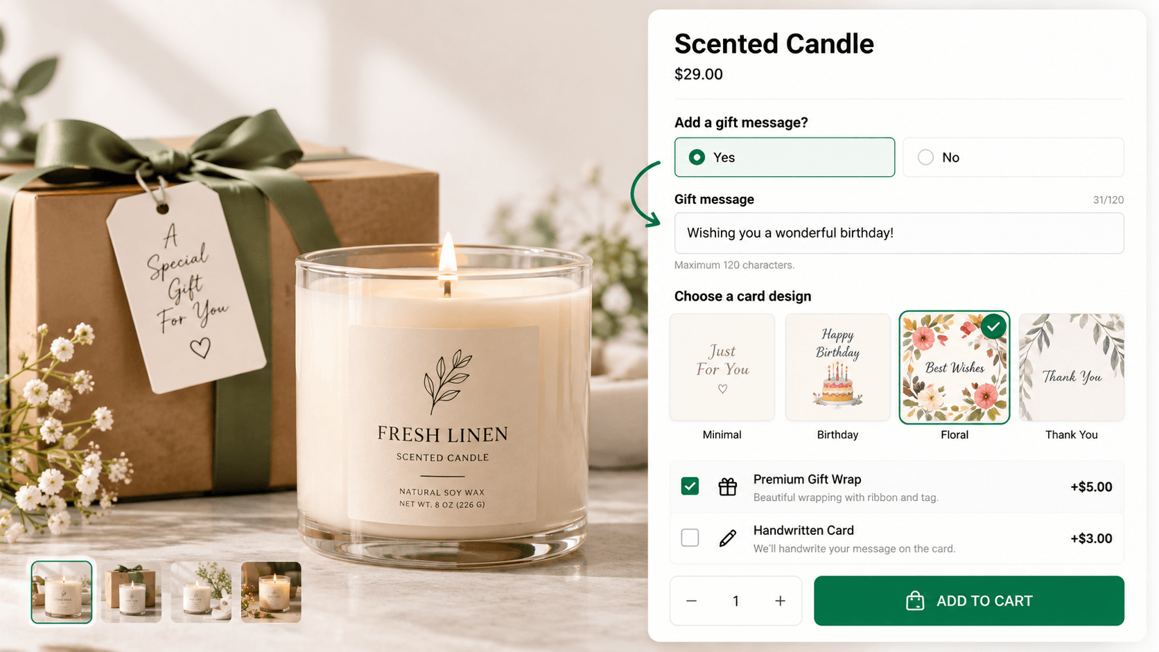 Shopify gift card design and paid gift wrap product options