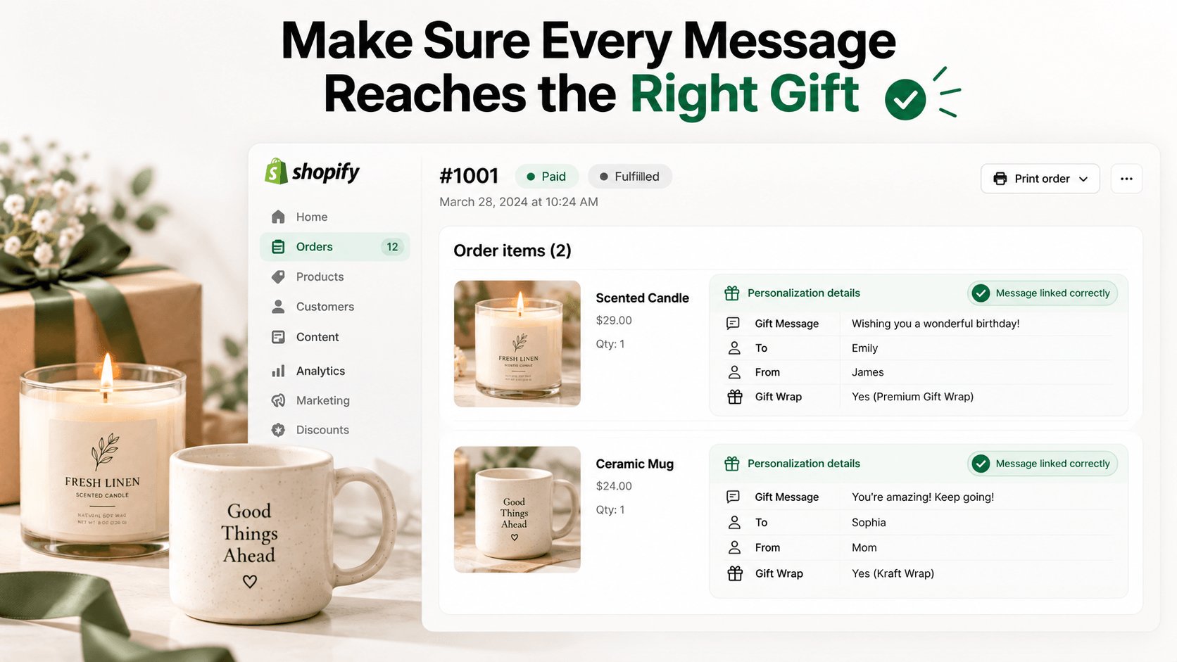 Shopify order showing product-specific gift message and gift wrap details