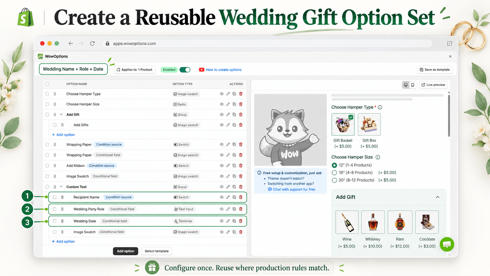 Create Reusable wedding gift options set
