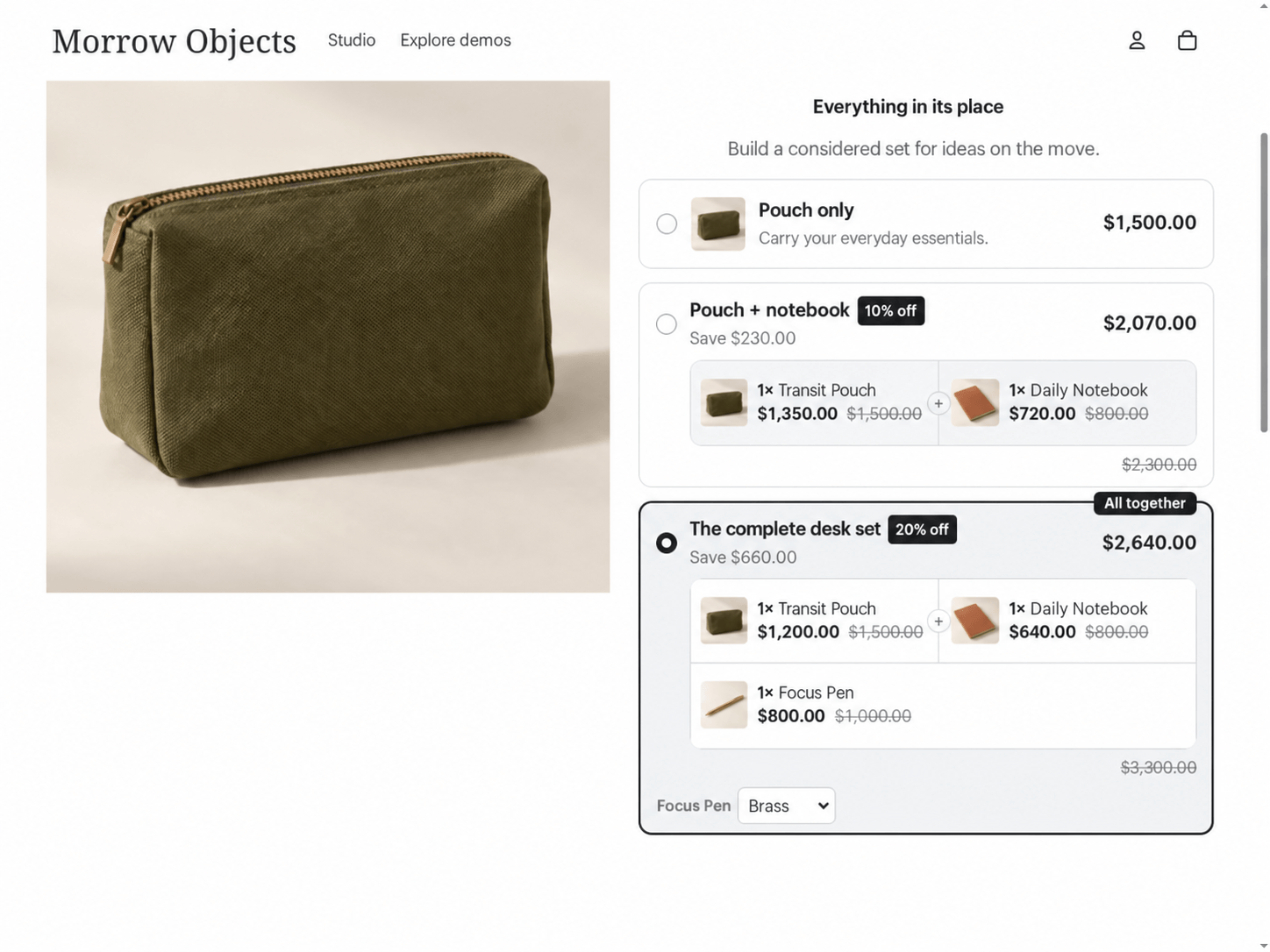 Desk-set offer showing one pouch, notebook and pen at 20% off, totaling $2,640.