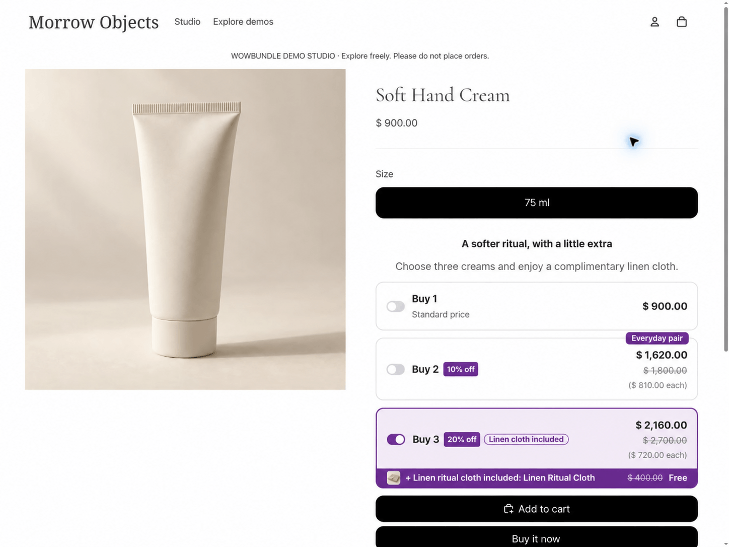 Three hand creams at 20% off total $2,160, with a free cloth listed under that tier.