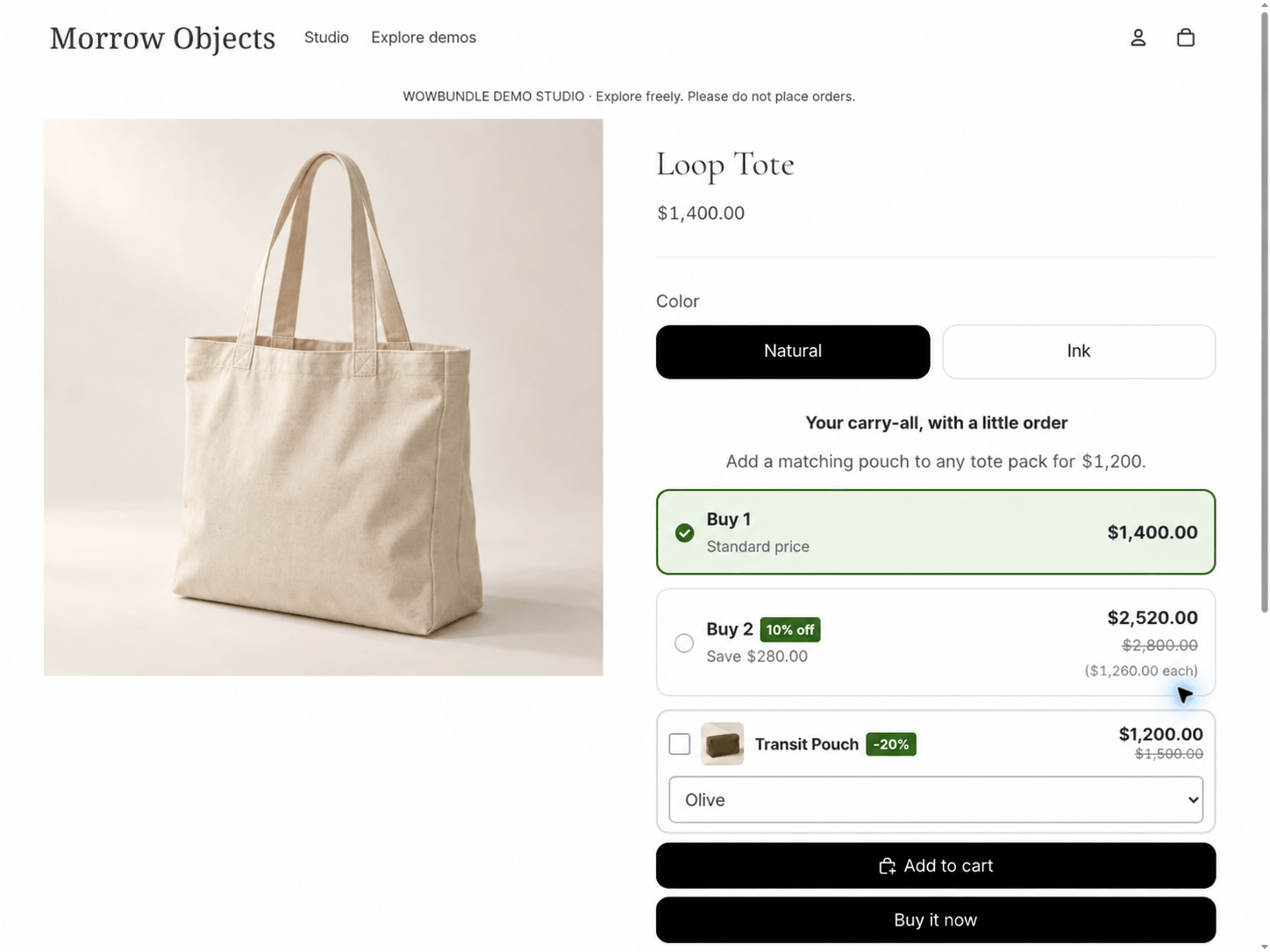 One tote at $1,400 with an unchecked optional pouch priced at $1,200.