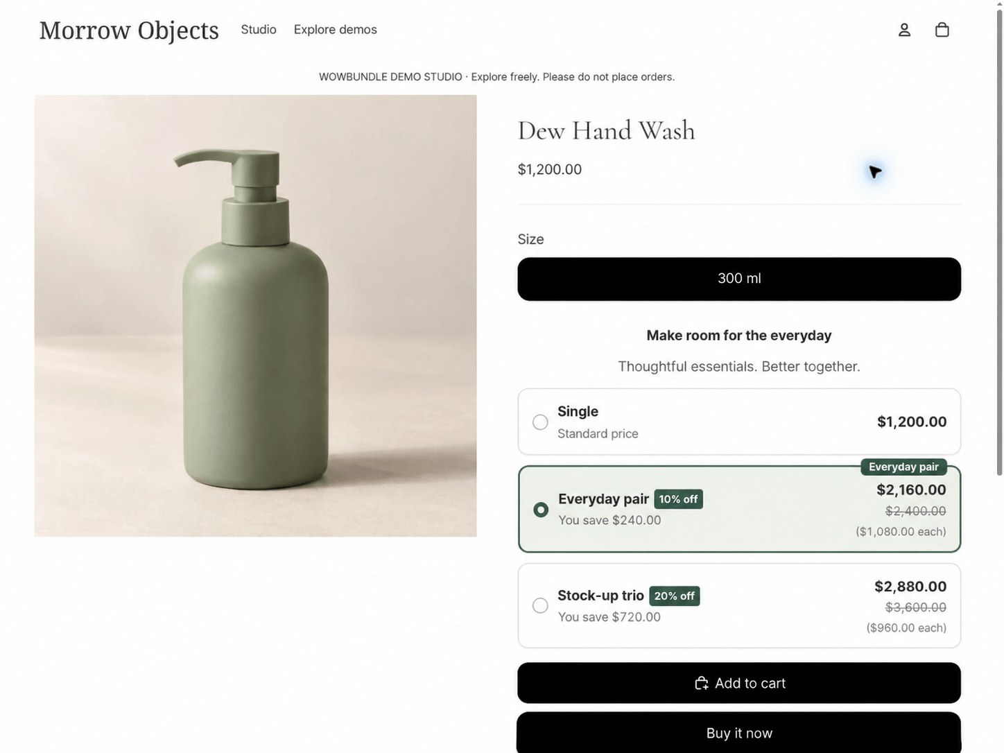 Hand-wash quantity offer with two bottles selected at $2,160 after a 10% discount.