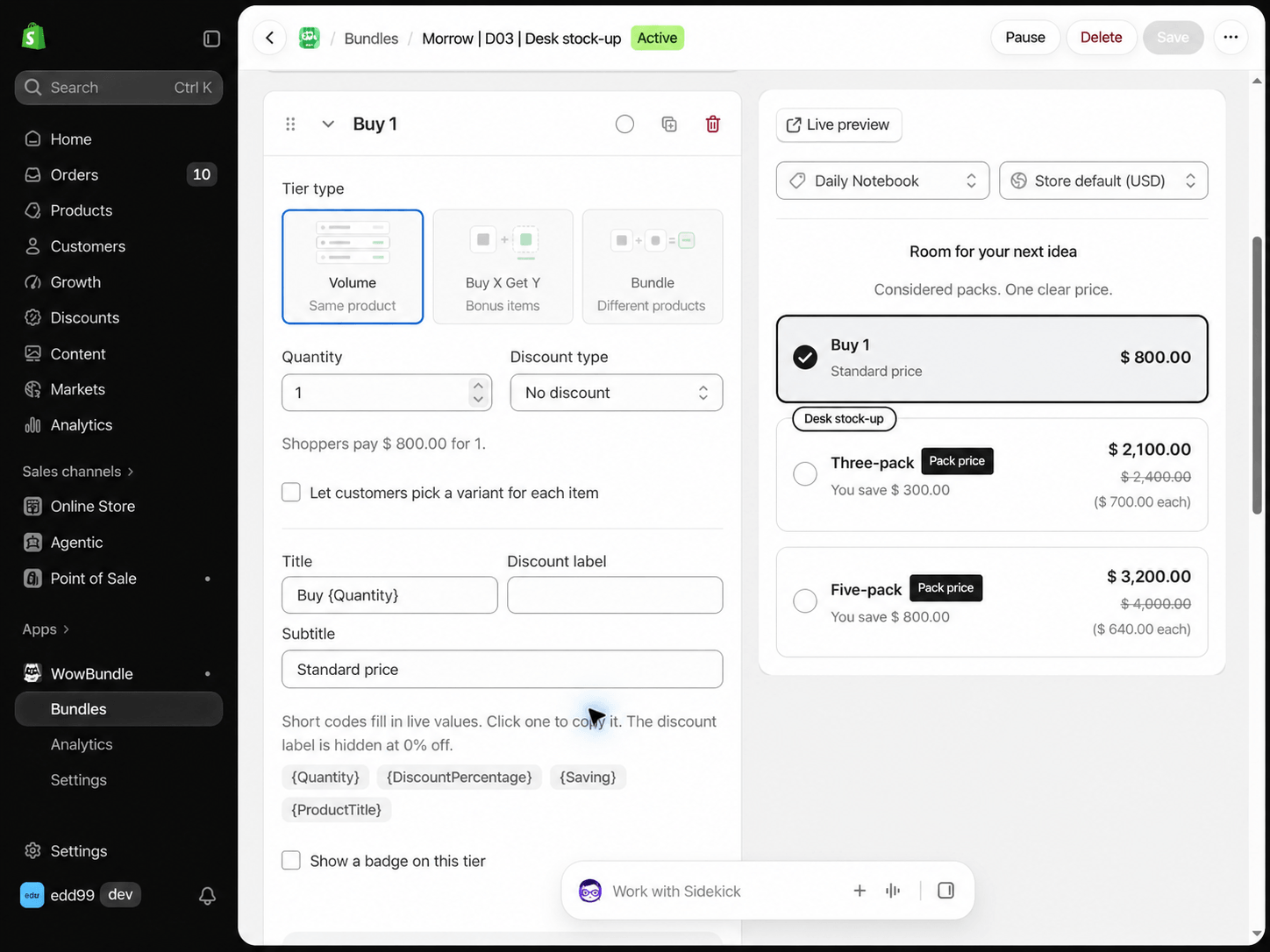 No-discount notebook tier open in the preview with its default-selection radio empty.