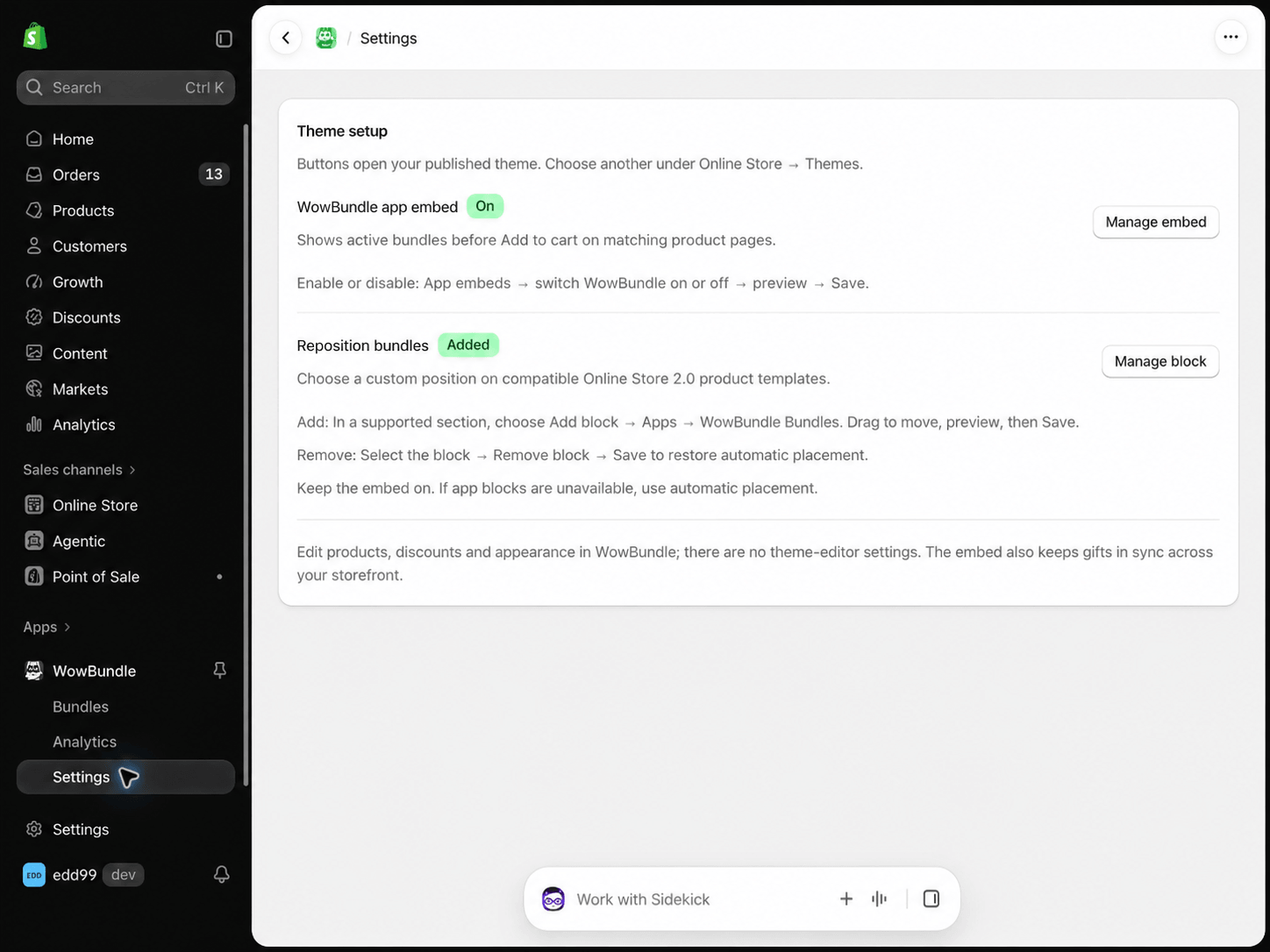 WowBundle Settings showing app embed On and the optional placement block Added.