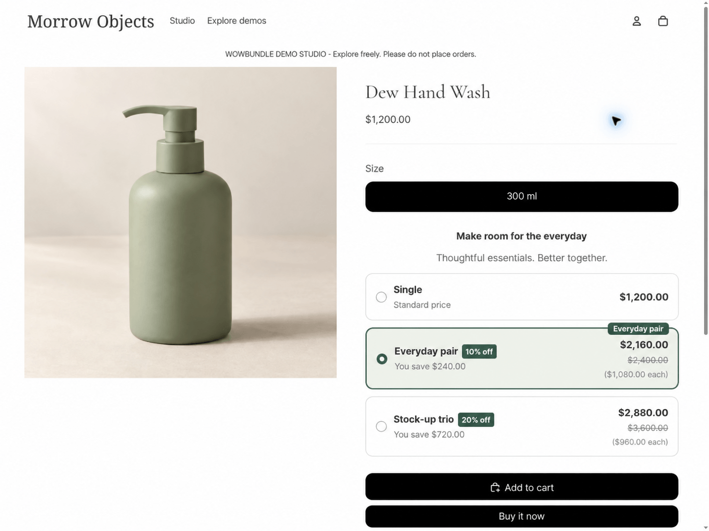 Live hand-wash quantity offer showing single, pair and trio choices, with the pair selected at $2,160.