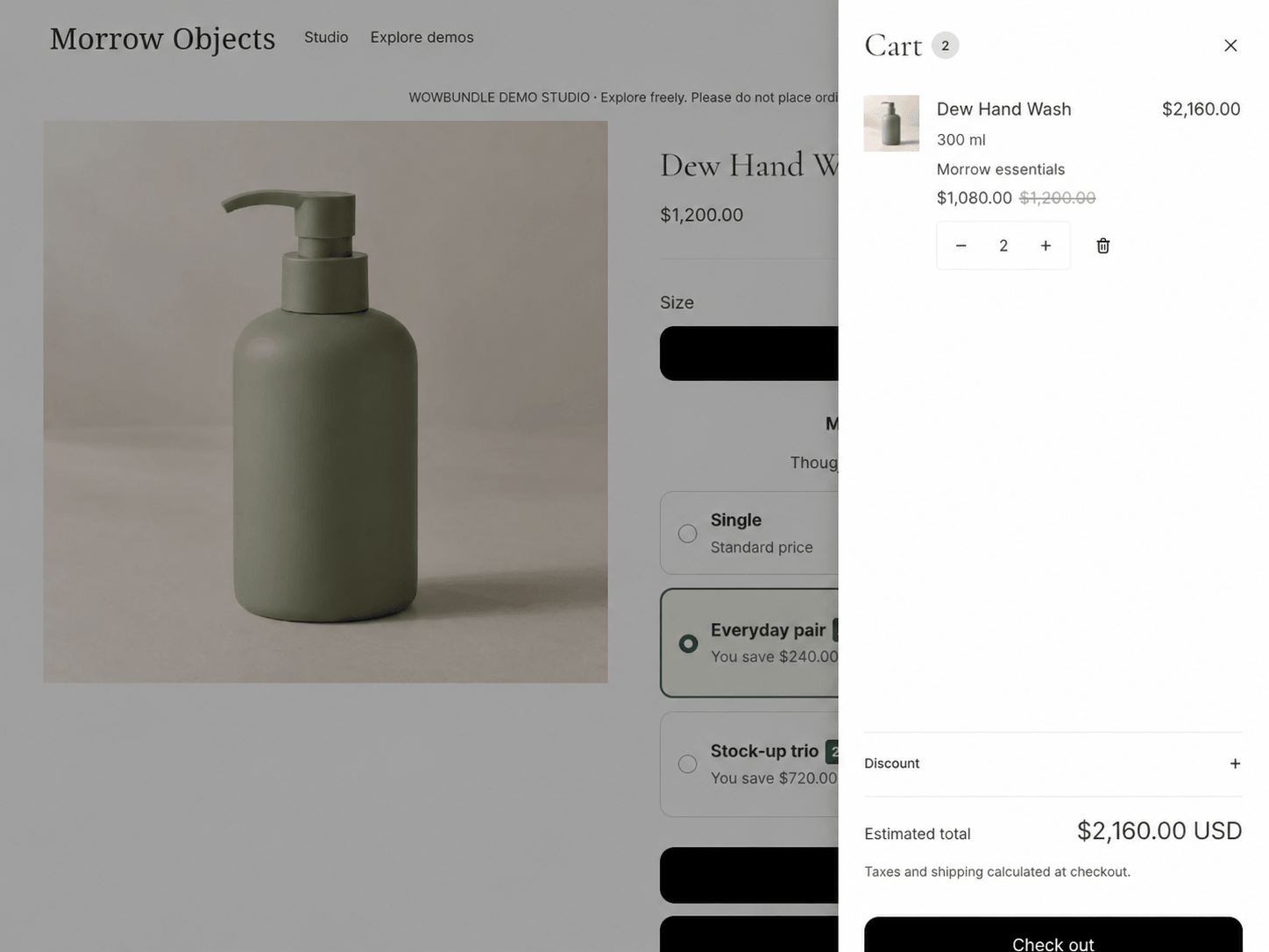 Cart with two 300 ml hand washes at $1,080 each, totaling $2,160 USD.