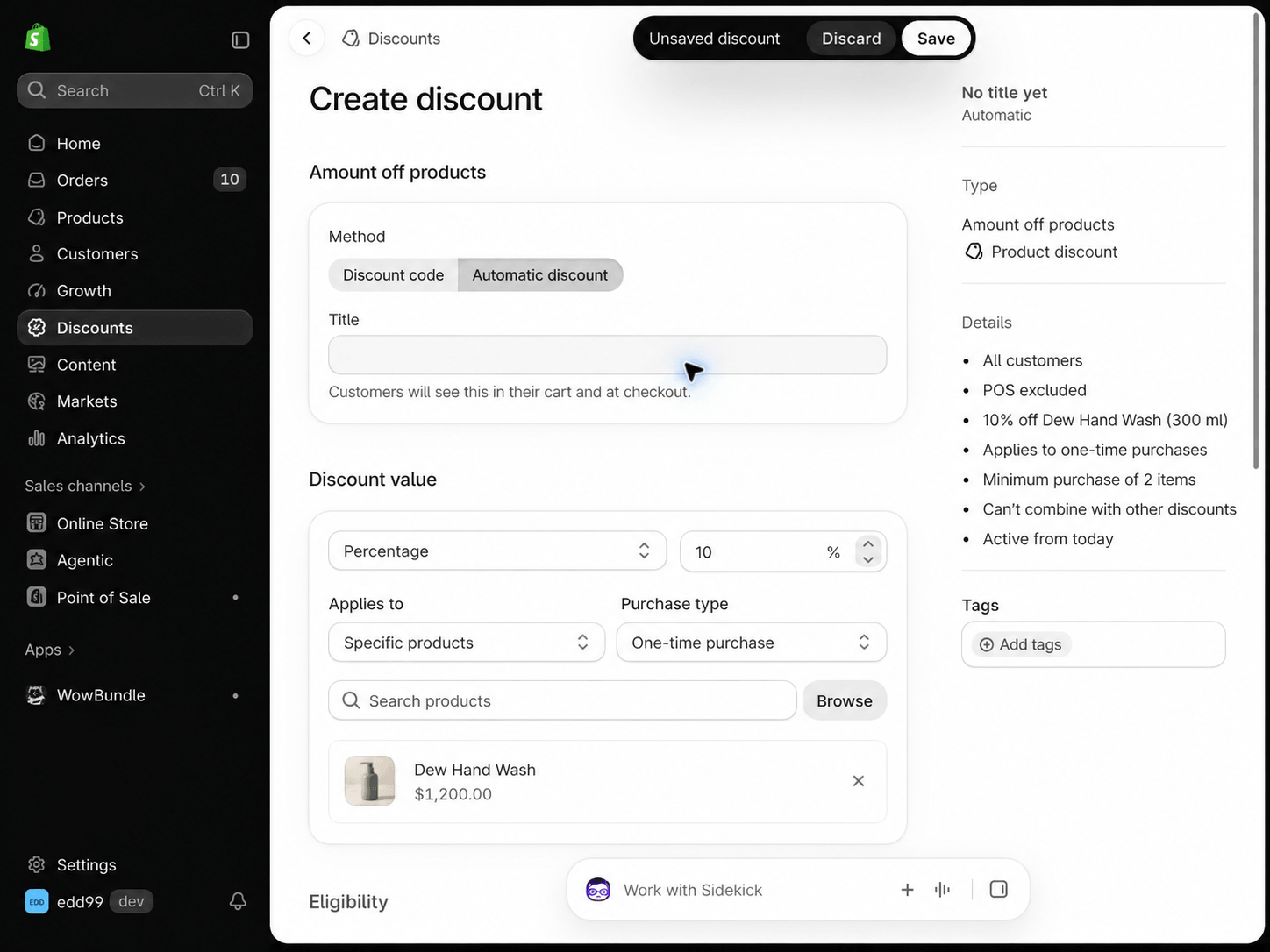 Unsaved Shopify automatic product discount with 10% selected for Dew Hand Wash.