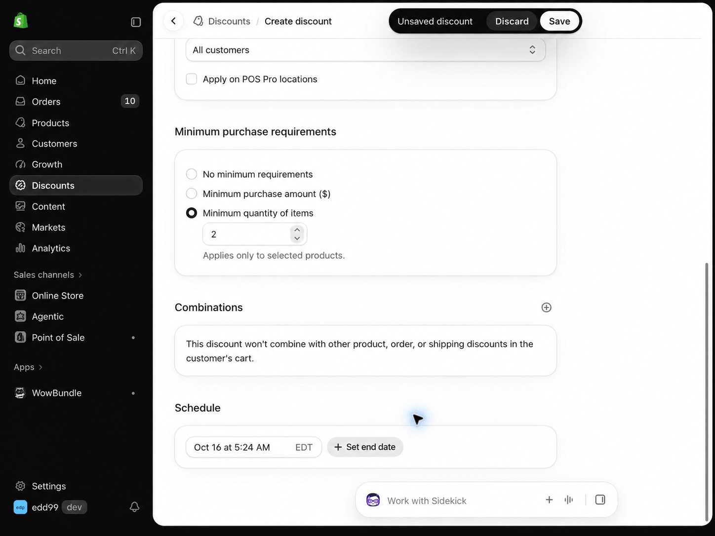 Native Shopify minimum quantity requirement set to two, applying only to selected products.