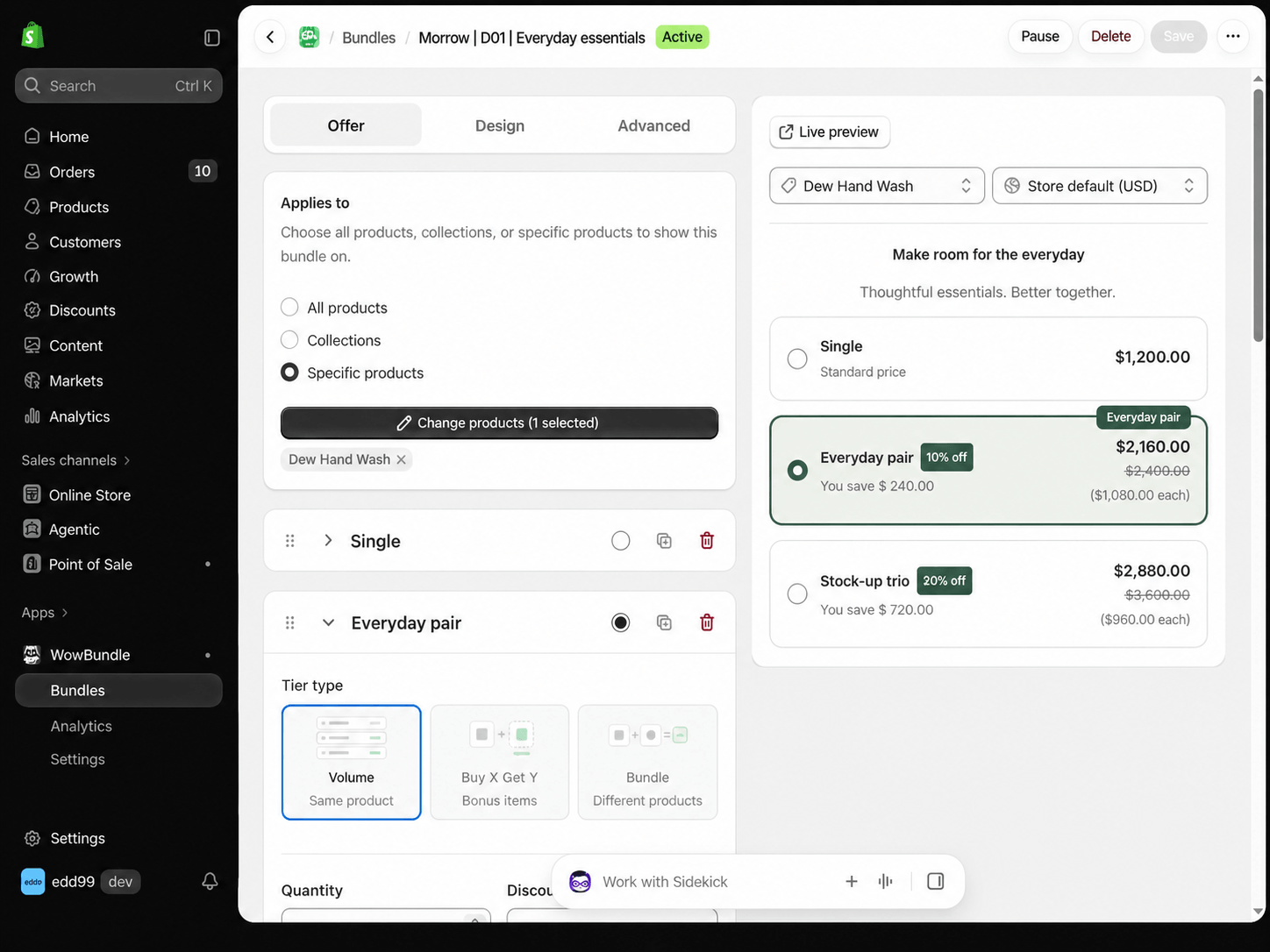 WowBundle offer editor with Specific products selected under Applies to and a product preview beside it.