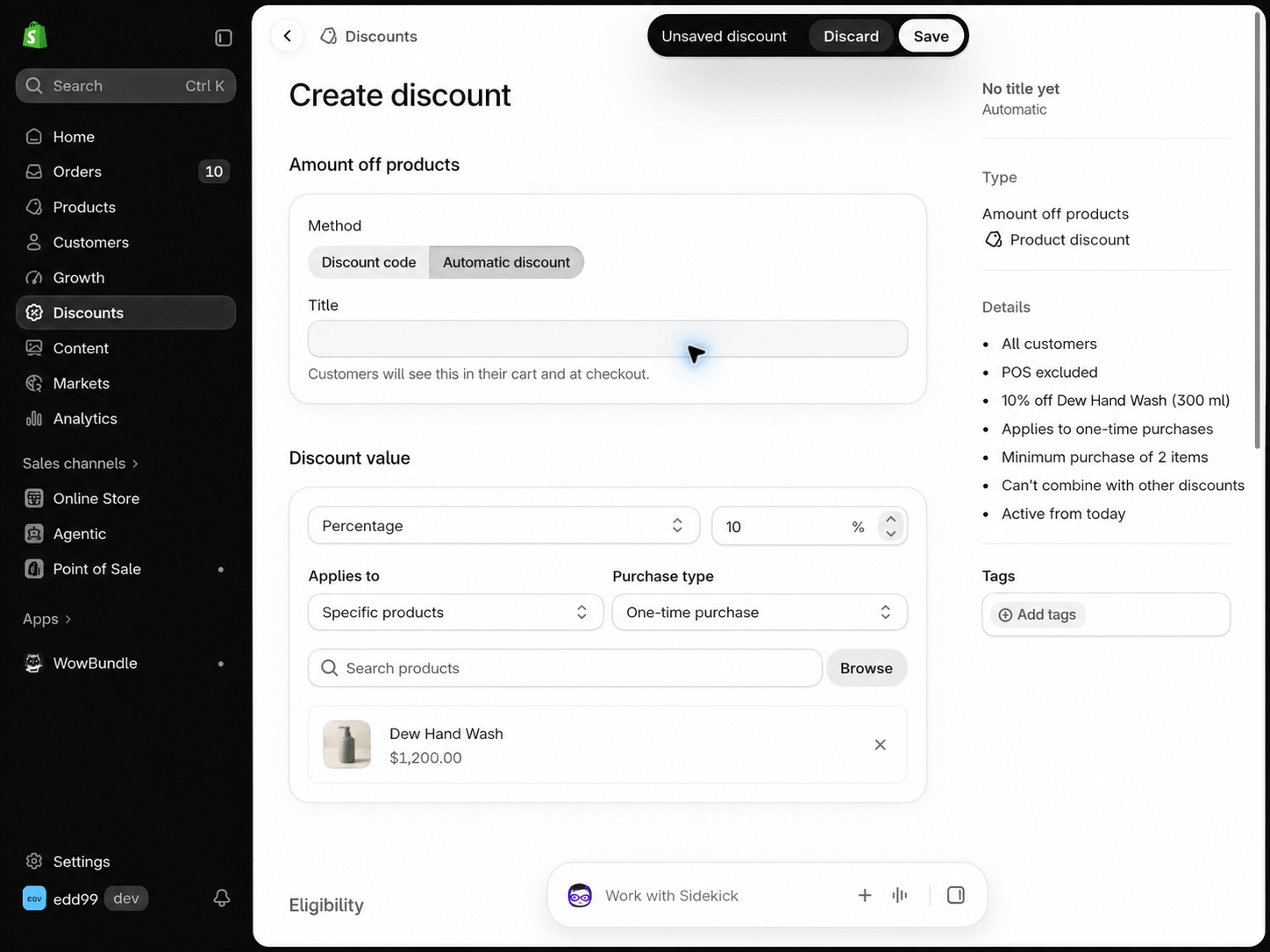 Unsaved Shopify Amount off products form with Automatic discount selected, ten percent off and a hand-wash product selected.