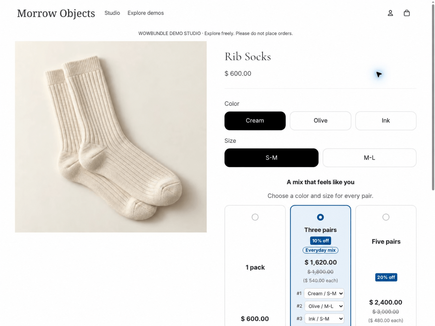 Three sock units with a separate color and size choice for each item.