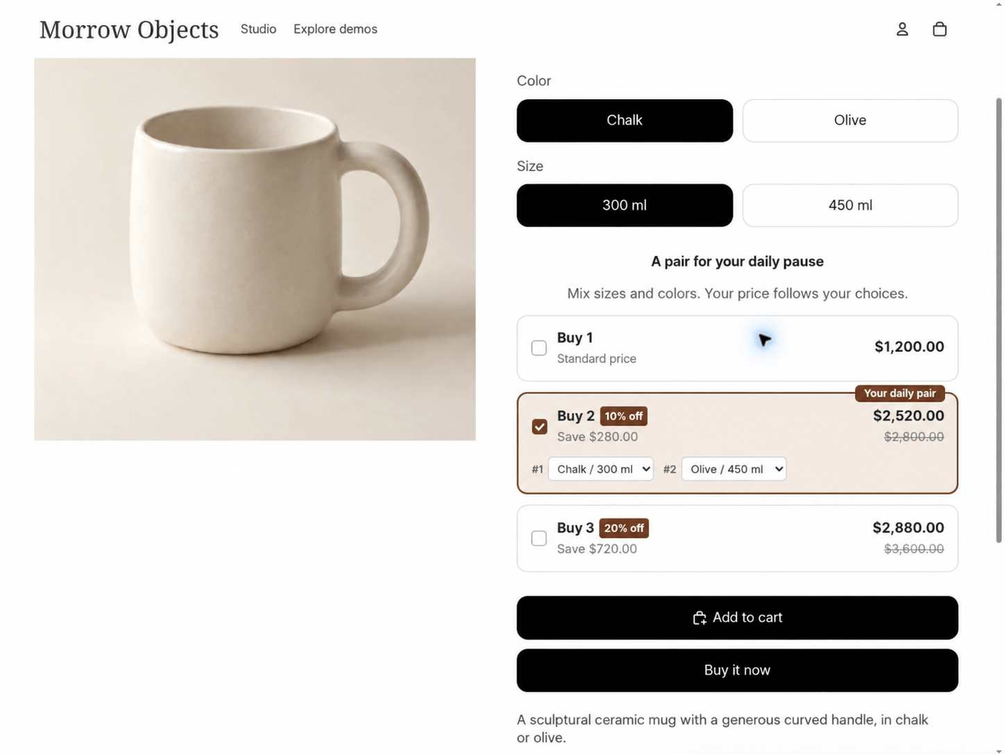 WowBundle two-mug offer with Chalk 300 ml and Olive 450 ml selected, showing $2,520 after ten percent off.