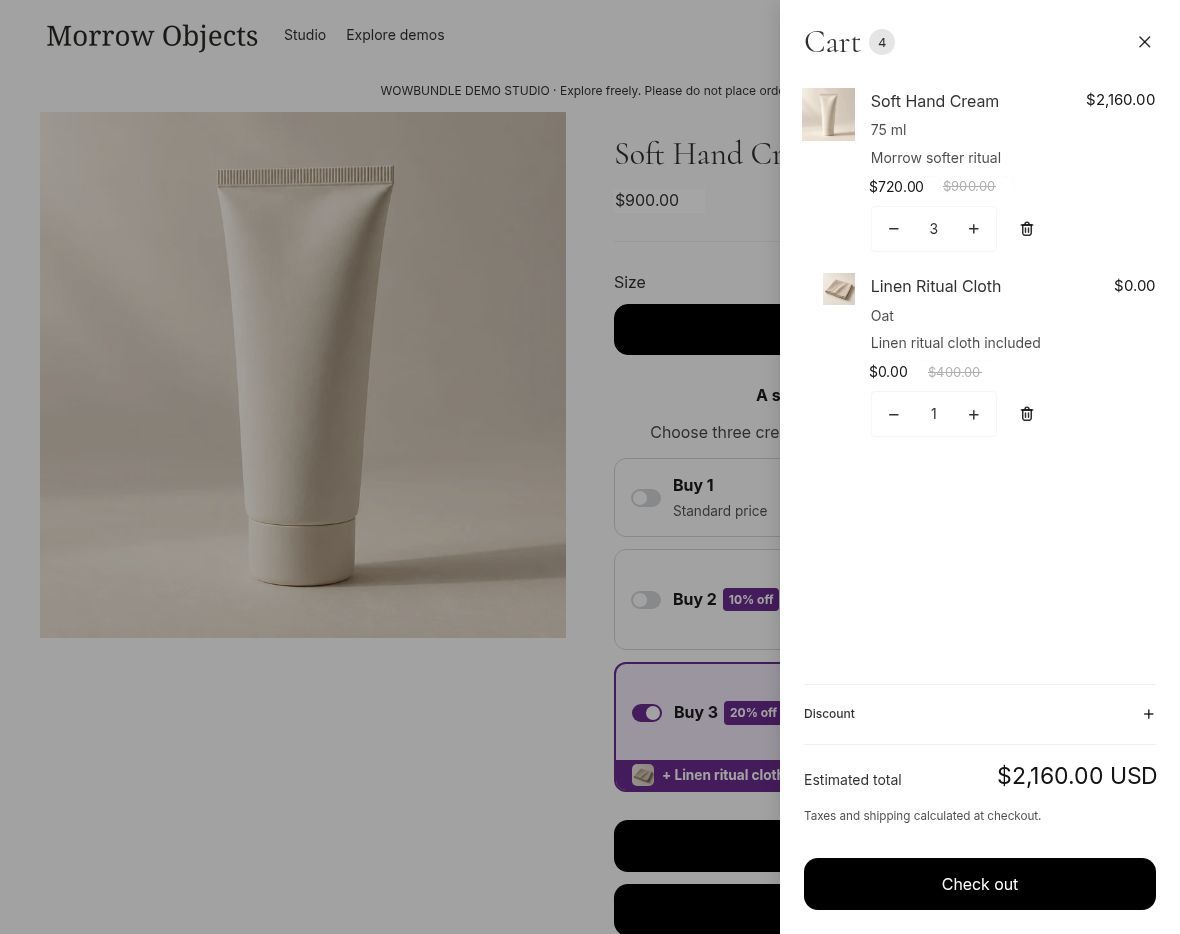 Qualifying cart with three hand creams totaling $2,160 and one Linen Ritual Cloth at zero.
