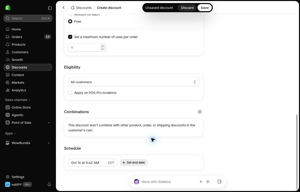 Shopify discount settings showing one use per order, all-customer eligibility, combinations disabled and a schedule control.