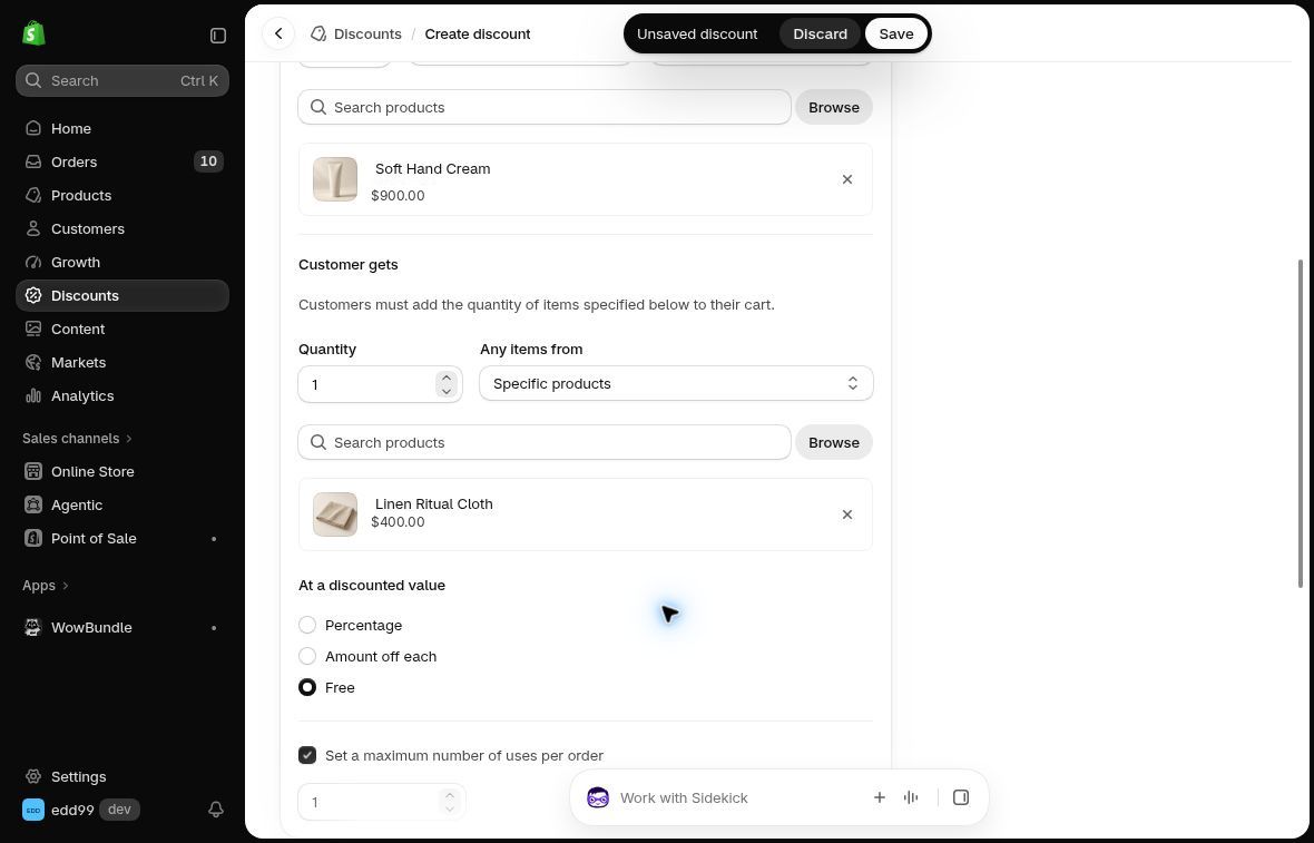 Shopify Customer gets set to one Linen Ritual Cloth with Free selected as its discounted value.