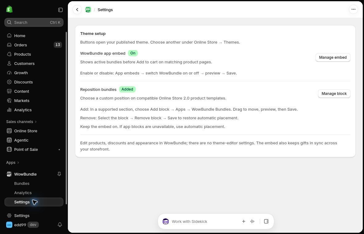 WowBundle Theme setup showing the app embed on and the optional positioning block added.