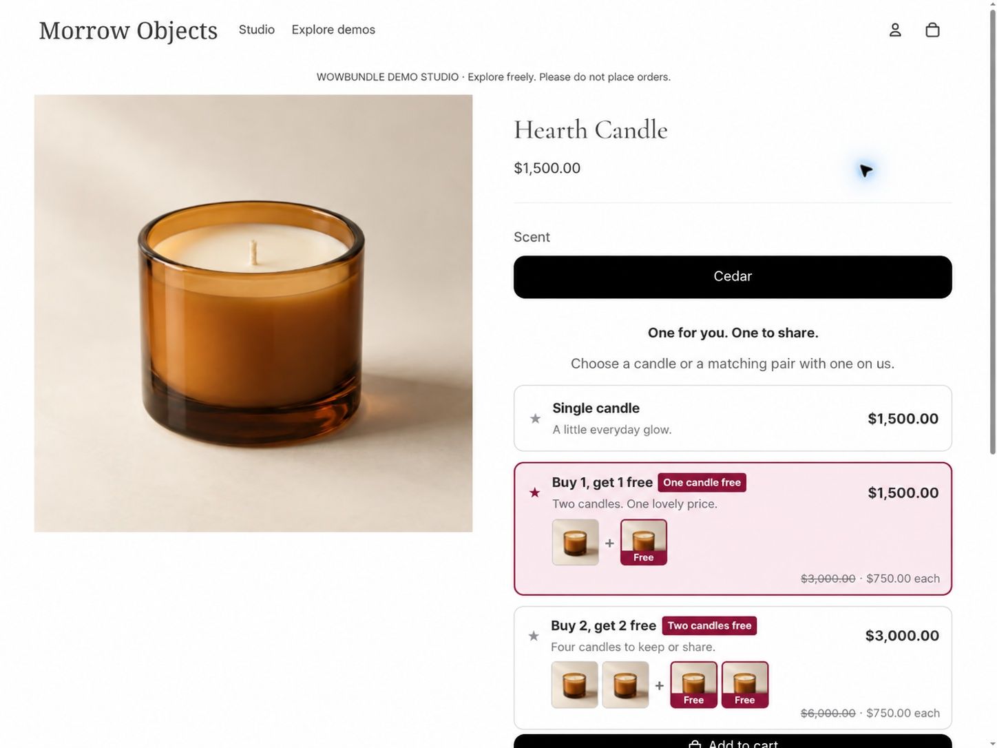 Recorded candle offer showing one paid candle and one free candle for $1,500.