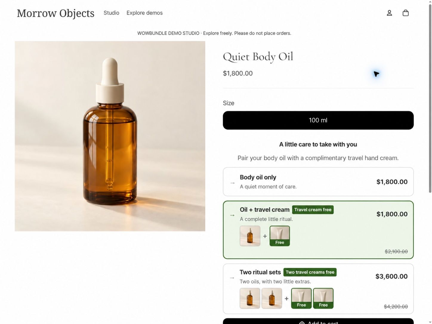 Recorded body-oil offer showing the qualifying oil and the free travel cream.