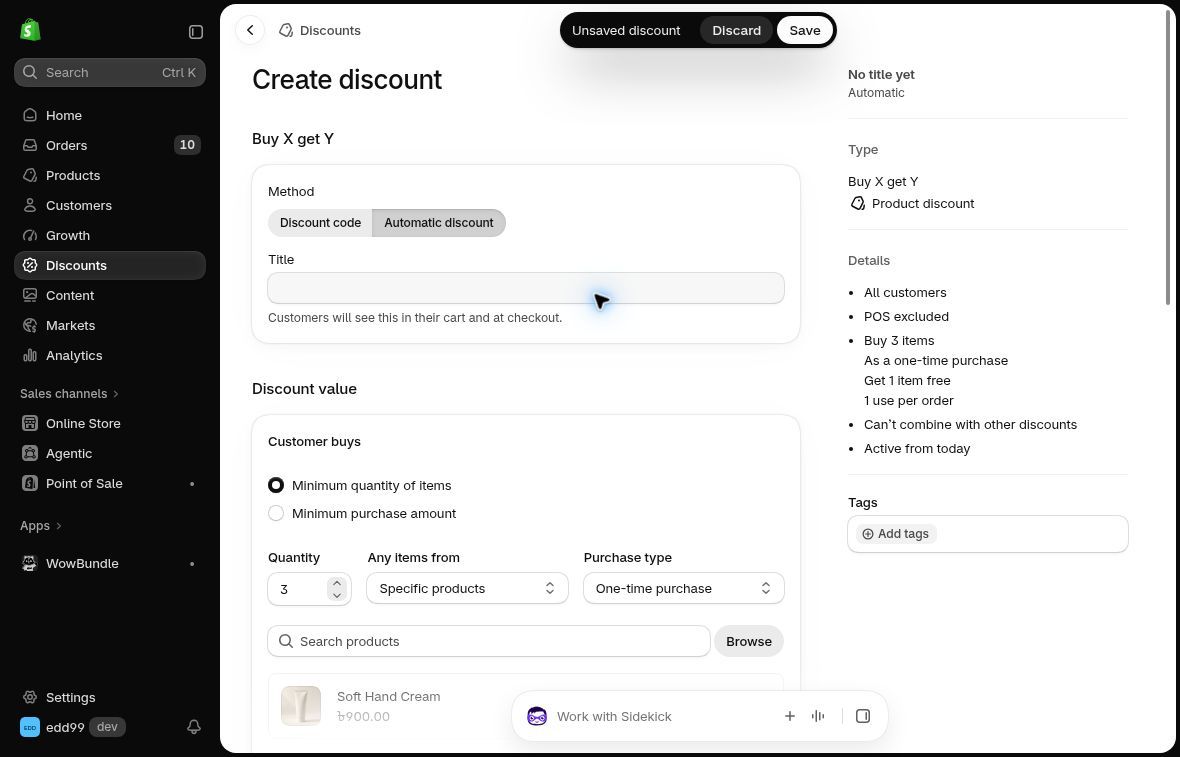Shopify Buy X Get Y form with Automatic discount selected and an empty title field.